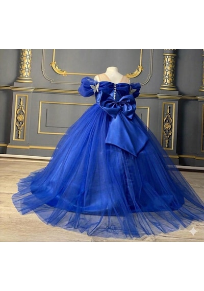 Star Kids Fashion Kız Çocuk Saks Mavisi Kelebek Detaylı Prenses Elbise ,kız Çocuk Abiye Elbise Saks Mavi
