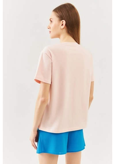 Kadın Oversize Rahat %100 Pamuklu Penye Bisiklet Yaka Kısa Kol Basic T-shirt Pudra