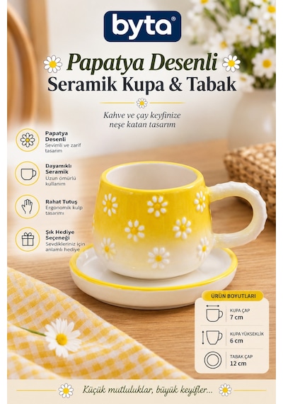Sarı Papatya Desenli Seramik Tabaklı Kupa Bardak Kabartmalı El Yapımı Görünümlü Kahve Ve Çay Fincanı Seti Beyaz