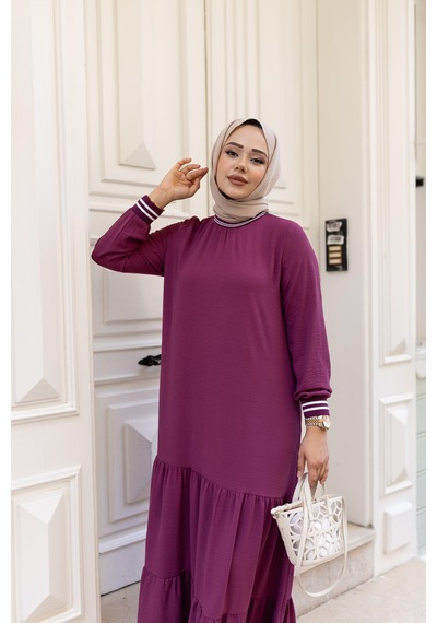 Hb Harma Time Butik Kadın Kat Kat Ribanalı Fuşya Tesettür Elbise