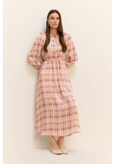 DeFacto Regular Fit Gömlek Yaka Desenli Saten Uzun Kollu Maxi Elbise F2725AX25SMPN441