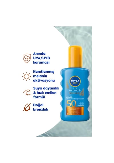 Sun Spf50 Çift Etkili Yüksek Koruma Ve Bronzluk Güneş Spreyi 200ml, Doğal Bronzluk, Suya Dayanıklı