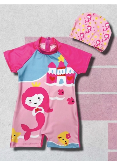 Lolliboomkids Baskılı Kısa Kollu Fermuar Kapamalı Kız Çocuk Mayo ve  Bone Takımı Açık Pembe