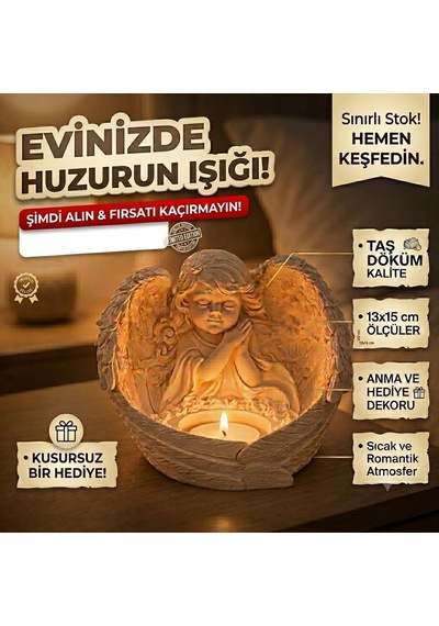 Melek Figürlü Dilek Tutan Tealight Mumluk, Taş Döküm, 13x15 Cm, Dekoratif Anma Ve Hediye Dekoru İçin Çok Renkli