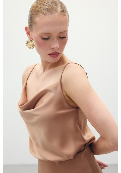 Sateen Degaje Yaka Saten Bluz - Camel