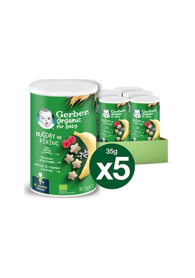 Gerber Organik Pirinçli, Buğdaylı, Muzlu ve Ahududulu  Bebek Atıştırmalığı 35 gr x 5 Adet