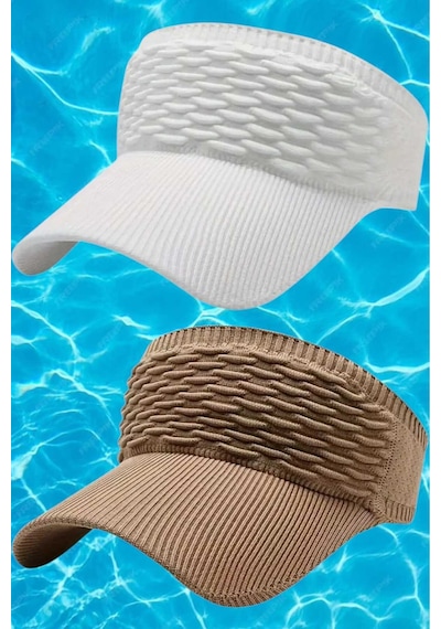 Uniquetrenders Kadın Örgü Dokulu Uv Korumalı Yazlık Vizör Şapka 2'li Set Beyaz - Camel