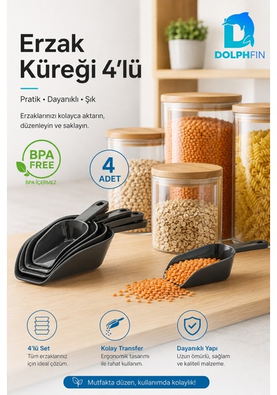 4'lü Erzak Küreği Seti Bakliyat Un Şeker Mama Ölçü Ve Aktarma Küreği Siyah Bpa İçermez
