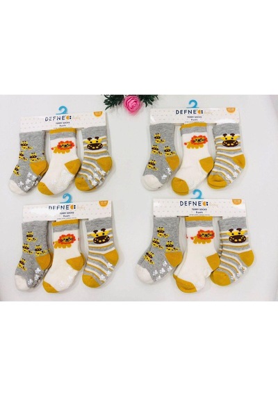 Defne Baby 3 Çift Havlu Pamuklu Kaydırmaz Taban Kışlık Unısex Çocuk ve Bebek Soket Çorap-595 Sarı
