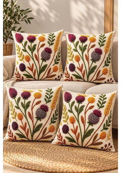 4'lü Set Çiçekli Dekoratif Kırlent Kılıfı 43x43 Cm, 3d Efektli Dijital Baskılı - Sonbahar Kırları Diğer