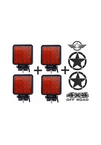 Off Road Sis Farı Sis Lambası 16 Led Kare 4'lü Paket Kırmızı