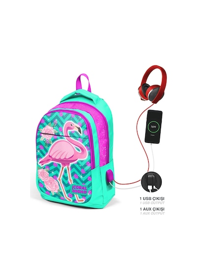 Coral High Okul Sırt Çantası Ve Beslenme Çantası Seti - Kız Çocuk Pembe Flamingo - Usb Soketli Çok Renkli