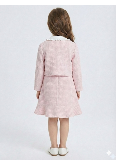 Xo Kids Bebe Yakalı Pudra Fiyonklu Tüvit Kız Çocuk 3lü Ceketli Elbise Takmı 2-7 Yaş 4421 Pembe