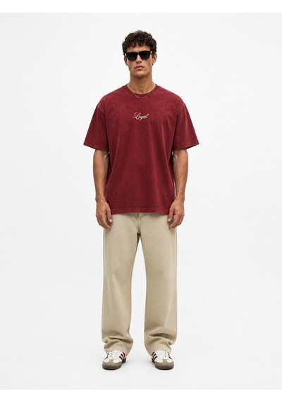 Respire Erkek Nakış Detaylı Yıkamalı Oversize T-shirt Bordo