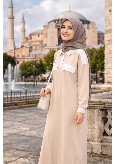 Tesettür Uzun Elbise Bej Cepli, Hakim Yakalı, Uzun Kollu, Günlük Ve Şık Tesettür Elbise