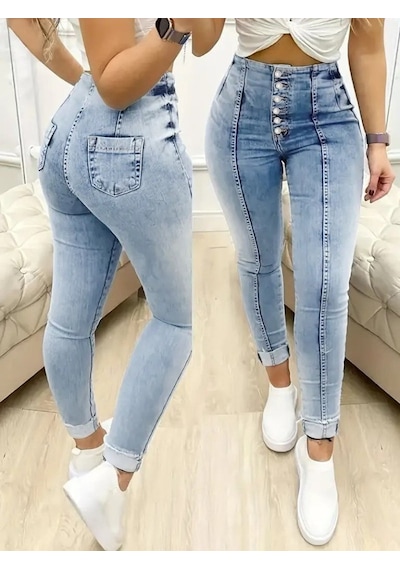 Kadın Yüksek Bel Önden Düğmeli Jean Pantolon Mavi