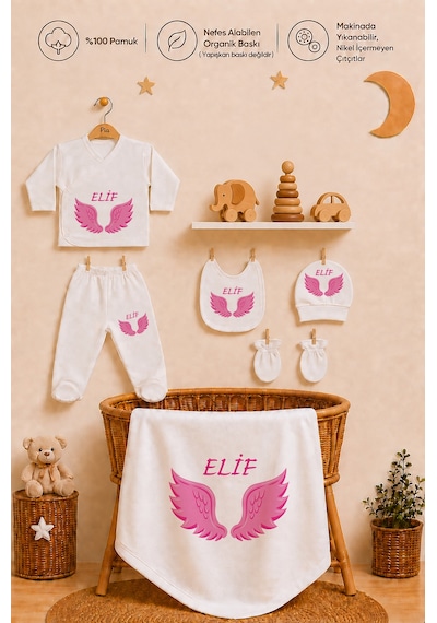 Pia Baby Kız Bebek Hastane Çıkışı 10 Parça %100 Pamuk İsimli Kişiye Özel Organik Baskılı Set 2055103x Ekru