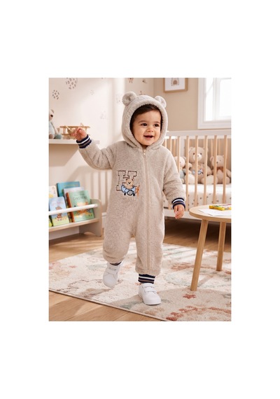 Chicsy Baby Tatlı Pilot Ayıcık Nakışlı Bebek Welsoft Tulum Kapüşonlu Kulaklı Fermuarlı Kışlık Peluş Tulum Krem