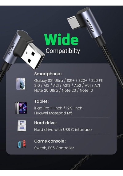 Usb To Type-c 90 Derece Şarj Ve Data Kablosu 2 Metre
