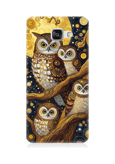 Samsung Galaxy A7 2016 Uyumlu Altın Ayda Baykuşlar Desenli Silikon Kılıf Çok Renkli