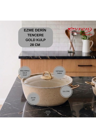 18 Cm Cream Ezme Seri Granit Derin Tencere, Non-stick Derin Tencere 1,6 Lt Gold Çelik Kulp 28 Cm