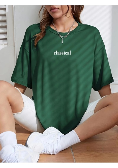 Kadın Yeşil Classical Ön Baskılı Oversize T-shirt Yeşil