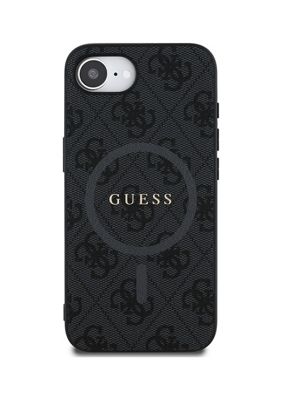 Apple iPhone 16e Uyumlu Kılıf Guess Lisanslı M safe Pu Halkalı 4g Desenli Yazı Logolu Kapak Siyah