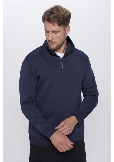 Tudors Unisex Relax Fit Rahat Kesim Pamuklu Yarım Fermuarlı Lacivert Dik Yaka Sweatshirt-31450-lacivert Lacivert