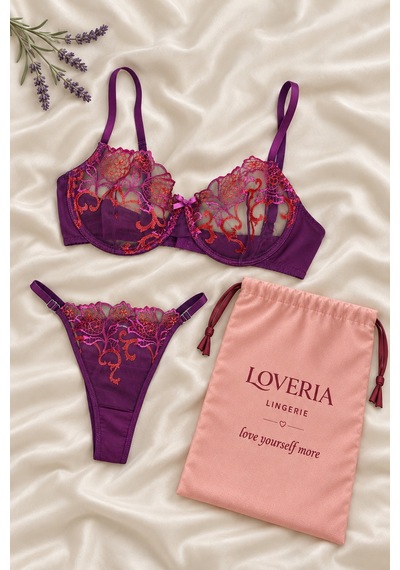Loveria Mürdüm Çiçek Nakışlı Desteksiz Sütyen Külot Takımı Mürdüm Mürdüm
