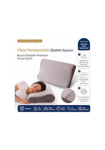 Visco Queen Spacer Thermoswitch Boyun Destekli Ortopedik Visco Yastık 55x35 Cm Çok Renkli