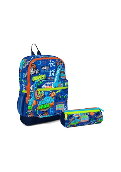 Coral High İlkokul Sırt Çantası ve Kalemlik Seti - Saks Grafiti - Erkek Çocuk