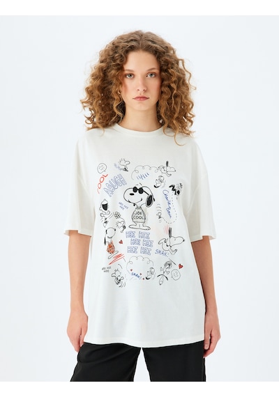 Koton Snoopy Lisanslı Kısa Kollu Bisiklet Yaka Baskılı Tişört Ekru 5sal10264ık Ekru