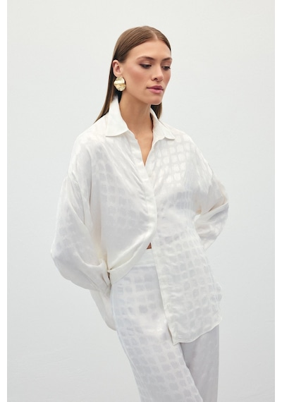Sateen Jakarlı Saten Gömlek - Ekru-136231 Ekru