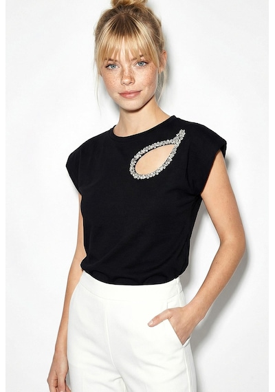 Shade Kadın Taş İşlemeli Vatkalı Omuz Detaylı Pamuk T-shirt 1075 60286066 - Siyah L