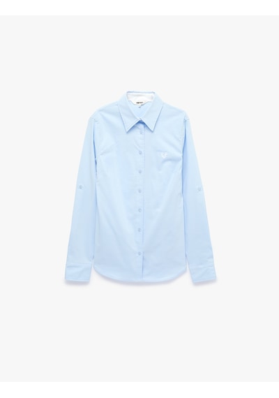 Koton Pamuklu Slim Fit Nakış Detaylı Uzun Kollu Poplin Gömlek Mavi 7wak60154uw