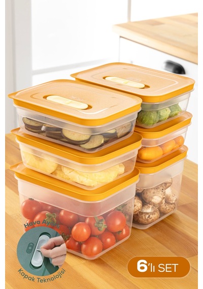 Vienev 6'lı Hava Kanallı Ayarlanabilir Sebze Ve Meyve Saklama Kabı 4x 1,15 Lt 2x 2,35 Lt Turuncu Turuncu