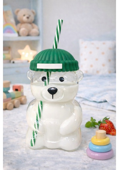 Bearista Ayıcık Pipetli Borosilikat Bardak 580 Ml Yeşil Soğuk İçecek & Kahve Yeşil
