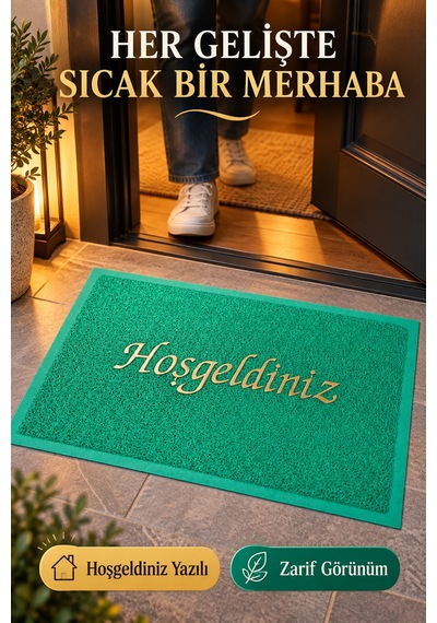 Yeşil 40x60 Cm Hoşgeldiniz Yazılı Kapı Önü Paspası Kıvırcık Dokulu Altın Yazılı Dekoratif Ev Paspası