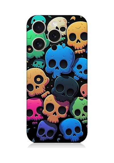 Apple Uyumlu iPhone 15 Pro Max Silikon Kılıf Renkli Kurukafalar