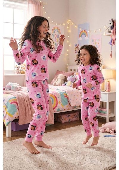 Zuzunga Kız Çocuk Uzun Kol Pembe Renk Kedi Kız Desenli Pijama Takımı