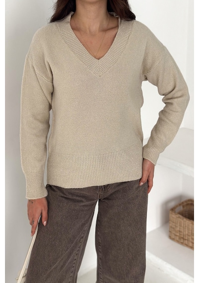 Noa & Noa Kadın V Yaka Triko Kazak Cozy Neutral Bej