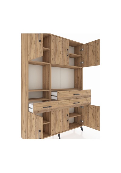 Arges Dolap 9 Raflı 3 Çekmeceli 6 Kapaklı 132x30x195 Çam-çam/çam Çam