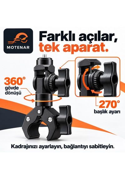 Motenar Aksiyon Kamera Tutucu 360 Ayarlanabilir Djı-insta360-gopro Aksiyon Kamera Uyumlu Siyah