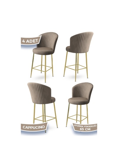 Canisa Alte Serisi 4 Adet Babyface Kumaş 65 Cm Gold Kaplama Ayaklı Cappucino Bar Sandalyesi Cappucino Sandalye Gold Kaplama Ayak