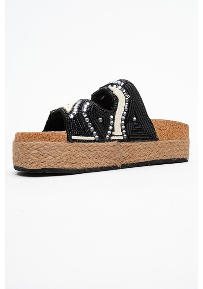 Luvishoes Luvi Shoes Bobby Siyah Taşlı Etnik Desenli Hasır Kalın Mantar Tabanlı Kadın Terlik Siyah Luvishoes Luvi Shoes Bobby Siyah Taşlı Etnik Desenli Hasır Kalın Mantar Tabanlı Kadın Terlik Siyah