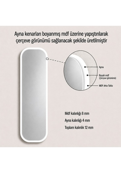 Modern Oval Boy Aynası 40x120 Cm Yuvarlak Hatlı Minimalist Dekoratif Duvar Aynası 2026 Trend Beyaz