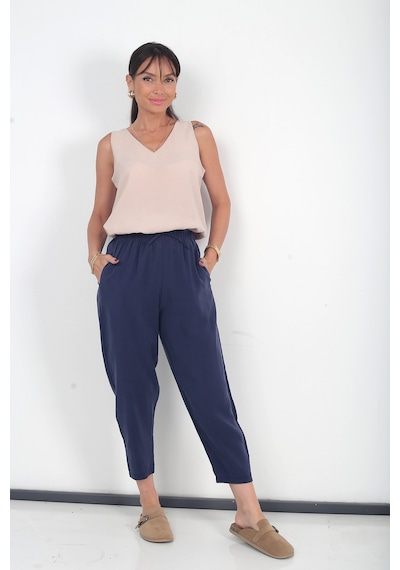By Saygı Kadın Beli Lastikli Cepli İtalyan Cotton Lyocell Şalvar Pantolon Lacivert
