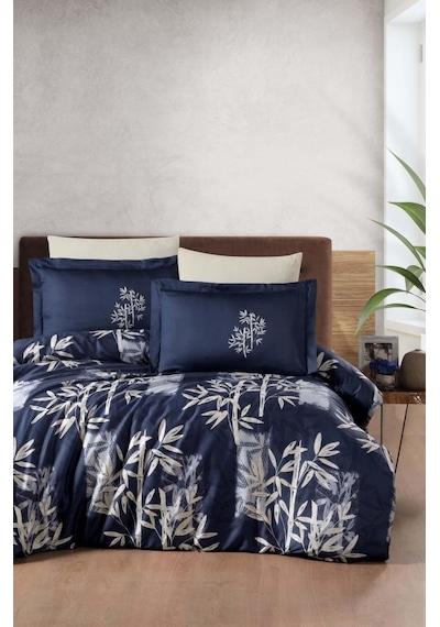 Baskılı Saten Çift Kişilik Nevresim Takımı Bamboo Antrasit