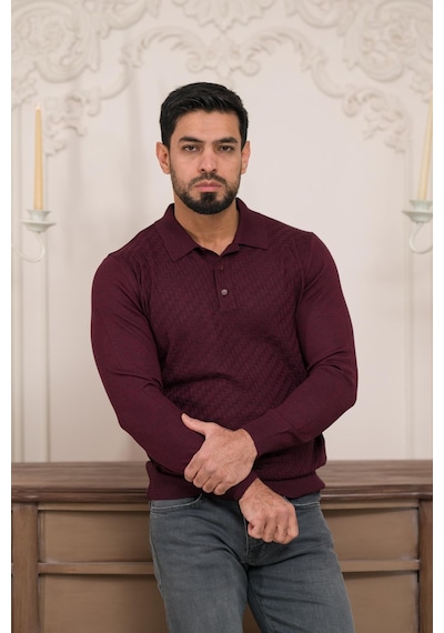 Woolen World Polo Yaka Slimfit Desenli Yünlü Erkek Triko Kazak Bordo