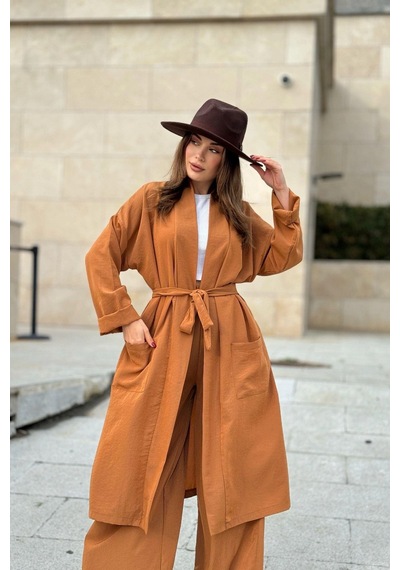 WeShaya Kadın Taba Çift Cepli Uzun Kimono & Bol Paça Pantolon - Salaş Alt & Üst Takım Taba